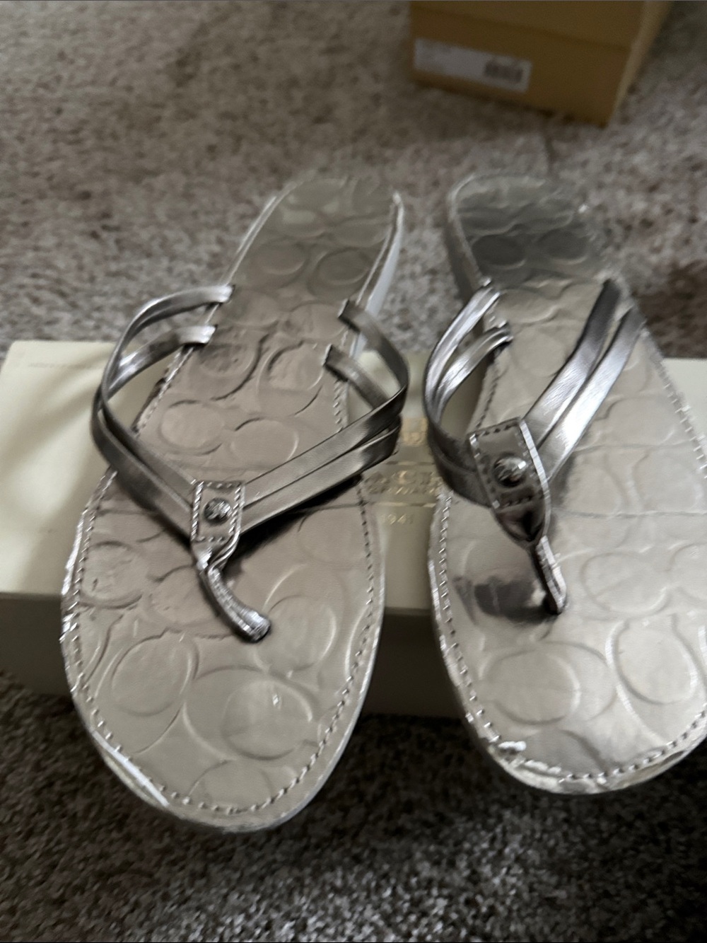 Coach Silver Signature Logo Thong Sandals